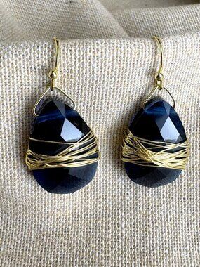 Faceted Deep Blue Crystal Teardrop Earrings, Flat Briolette with Wire-Wrap Desig
